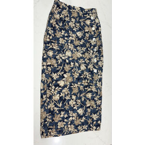 Vintage 90s Jerell Inc Linen Cotton Blend Skirt Blue Floral Midi Modern 4/6